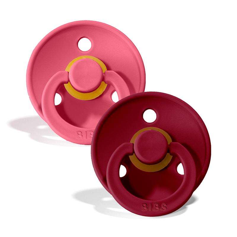 BIBS Round Colour Pacifier - 2-Pack - Size 1 - Natural rubber - Coral/Ruby