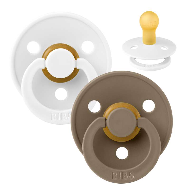 BIBS Round Colour Pacifier - 2-Pack - Size 1 - Natural rubber - White/Dark Oak