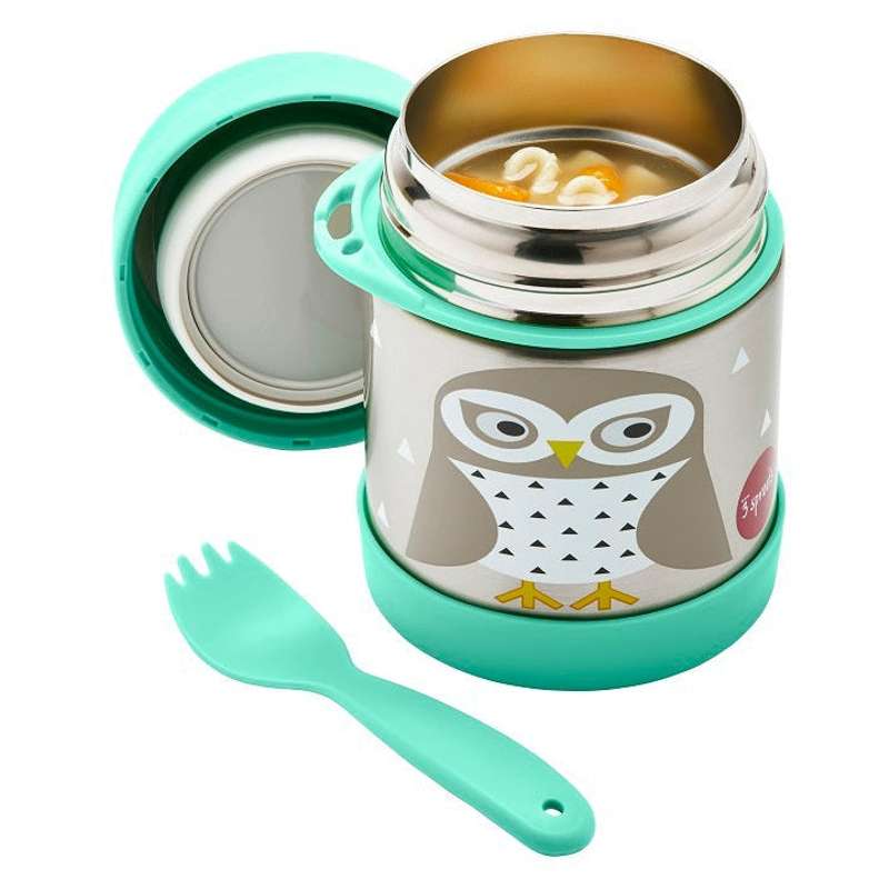 3 Sprouts Thermos Food Container with Spork - 350 ml - Owl - Mint