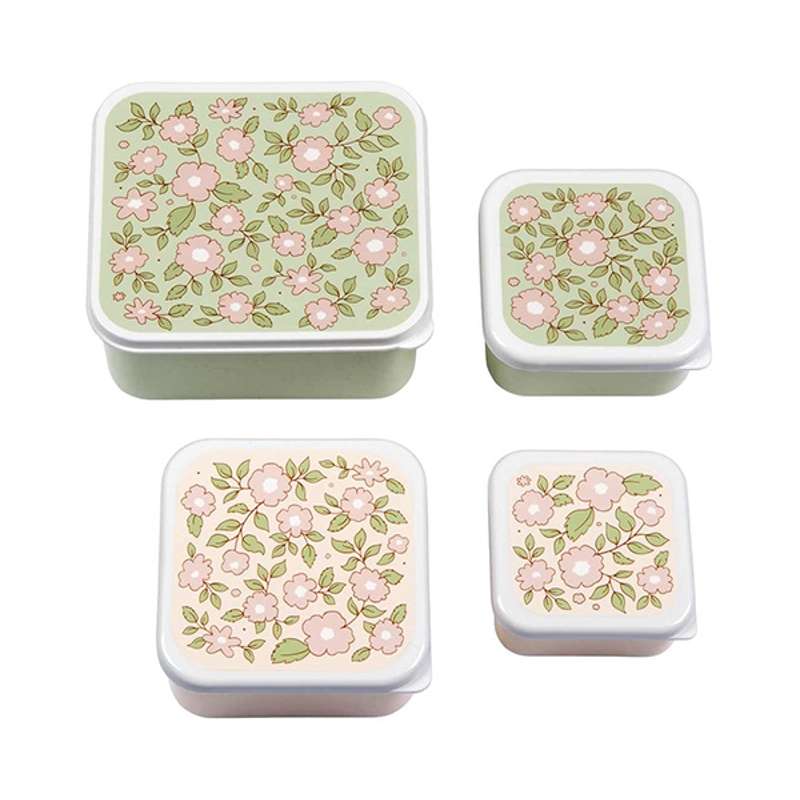 A Little Lovely Company Lunchbox and Snack Box Set - 4 pieces - Blossoms - Light Pink and Sage