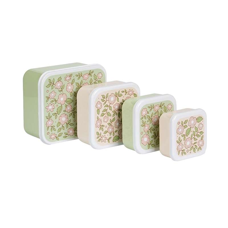 A Little Lovely Company Lunchbox and Snack Box Set - 4 pieces - Blossoms - Light Pink and Sage