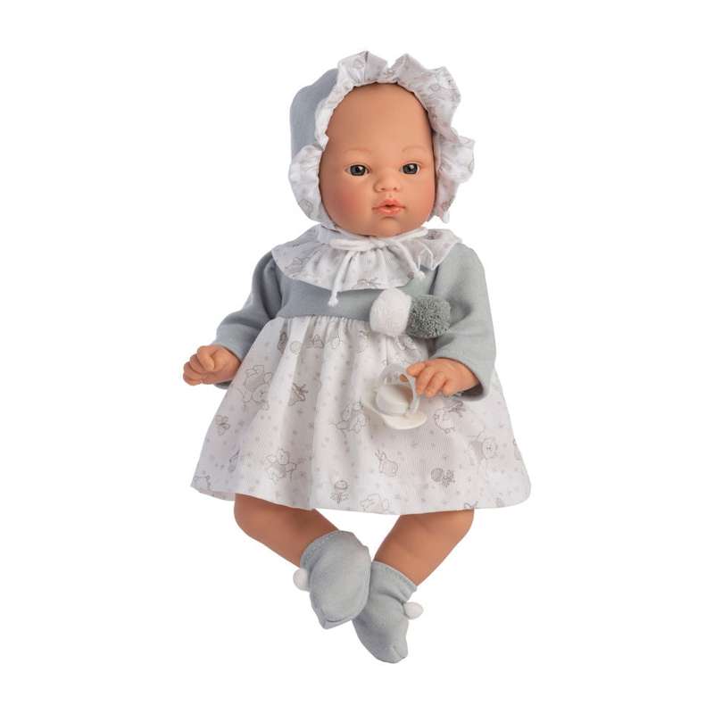 Asi Cook Doll - Gray and White Dress with Teddy Bear Print, Bonnet and Collar
