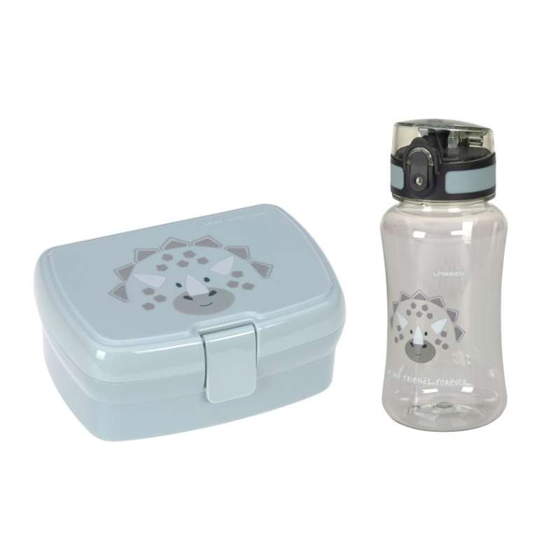 Lässig Lunch set with Lunchbox and Water bottle - Dino - Light blue