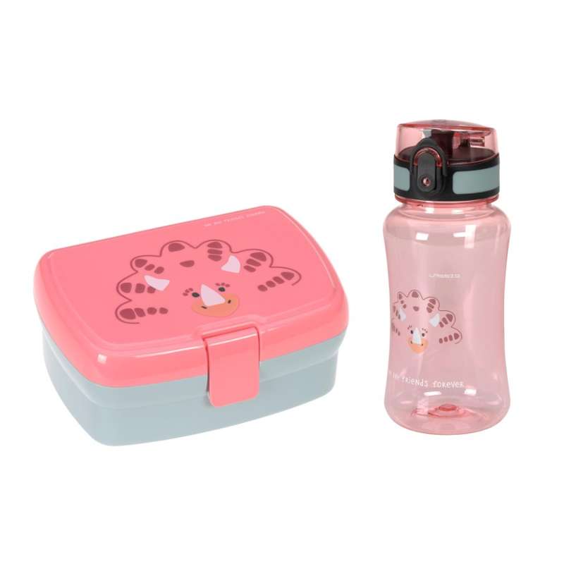 Lässig Lunch set with Lunchbox and Water bottle - Dino - Pink