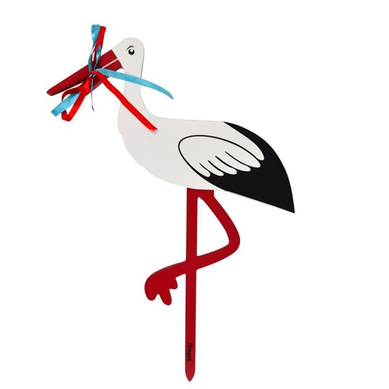 Magni Wooden birth stork w. red/blue ribbon