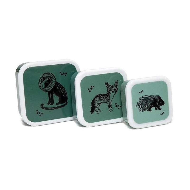 Petit Monkey Set with 3 Snack Boxes - Black Animals (Dusty Green)