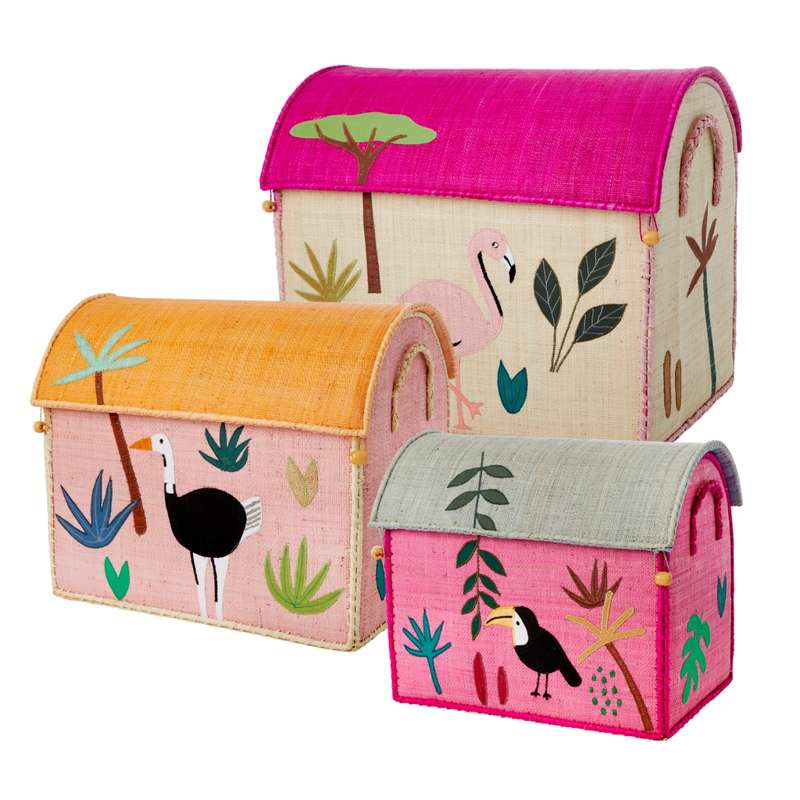 RICE Raffia Storage House - Jungle Animals - Pink - Medium