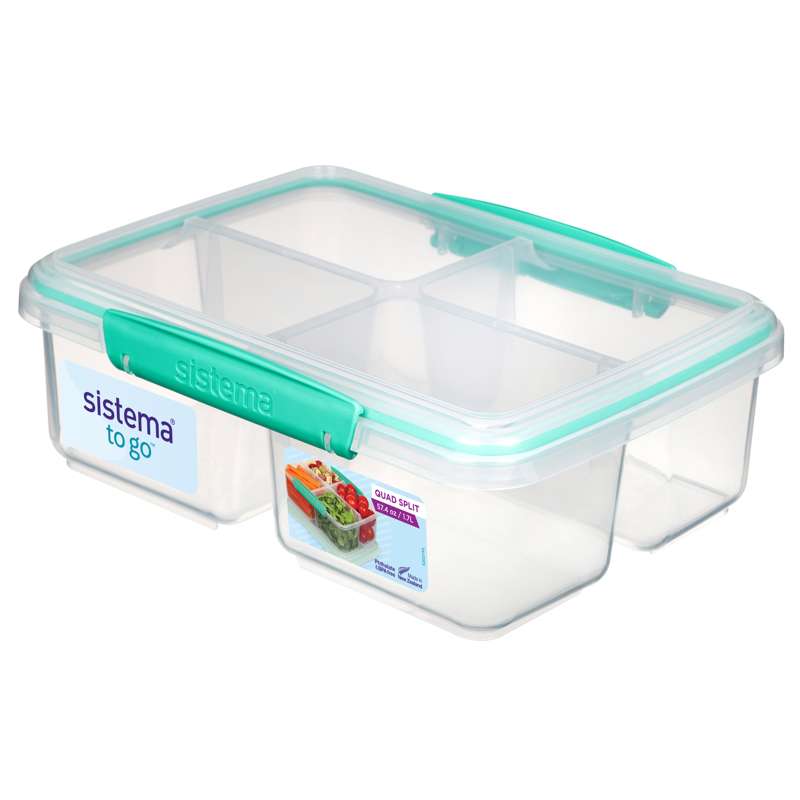 Food Storage Container System - Klip It - Quad Split - 1.74L - Clear/Minty Teal