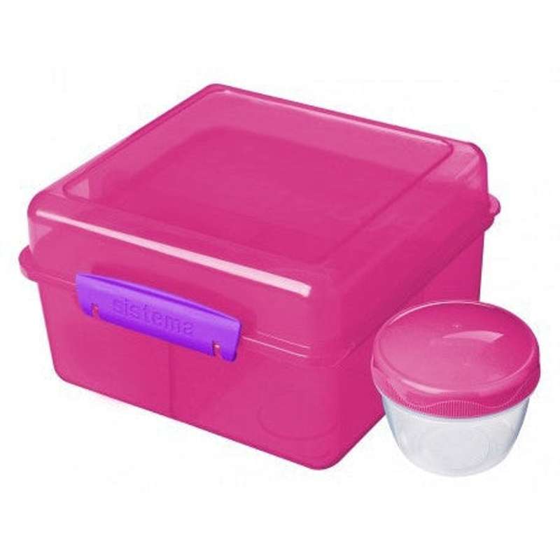 Sistema Lunch Box - Lunch Cube Max - Divided into 2 Layers with Container - 2L - Pink with Purple Clips